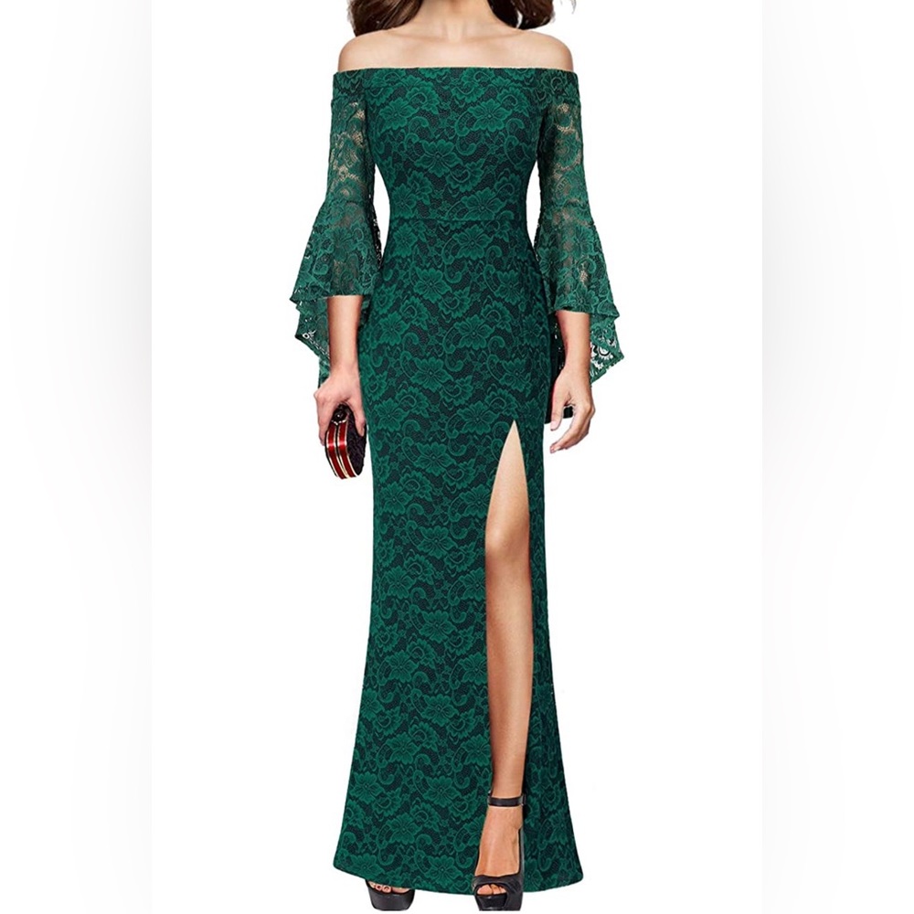 Emerald green lace off shoulder formal dress